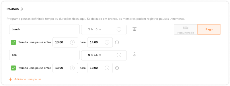 Configurando pausas personalizadas no app web